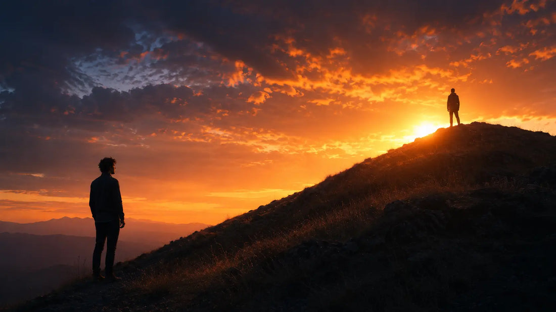 Two silhouettes stand at different heights on a hillside at dusk — one at the peak, one watching from below — the visual of comparison before it becomes fuel.