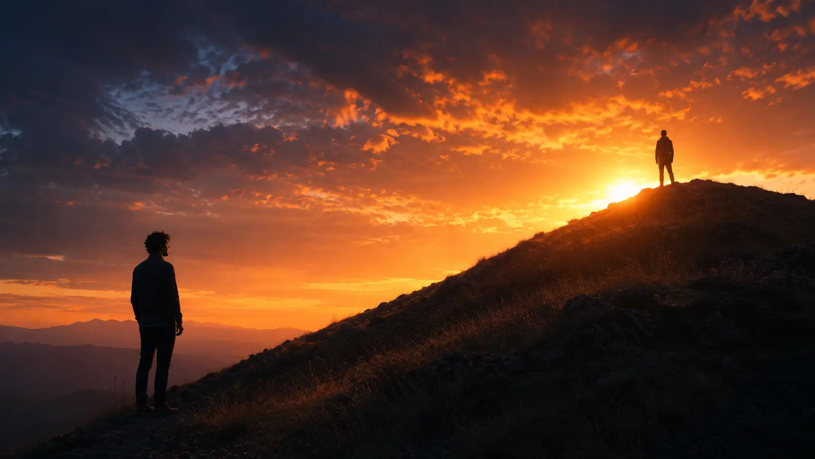 Two silhouettes stand at different heights on a hillside at dusk — one at the peak, one watching from below — the visual of comparison before it becomes fuel.