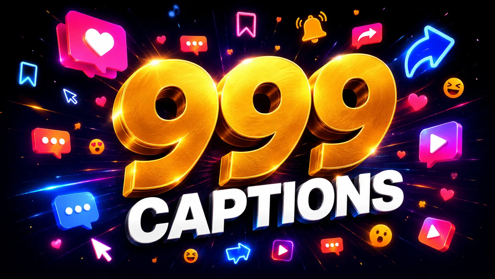 Bold metallic gold 999 text surrounded by colorful floating social media icons and reactions against a dark background — the ultimate caption collection for every platform.