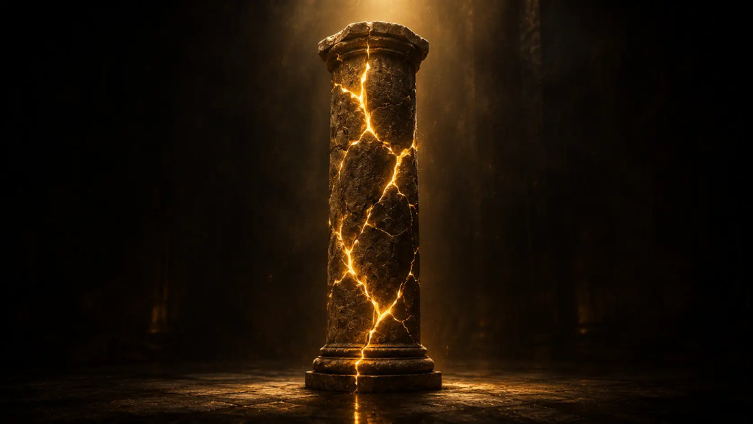 A cracked but standing pillar with golden light shining through the cracks, symbolising strength forged through failure.