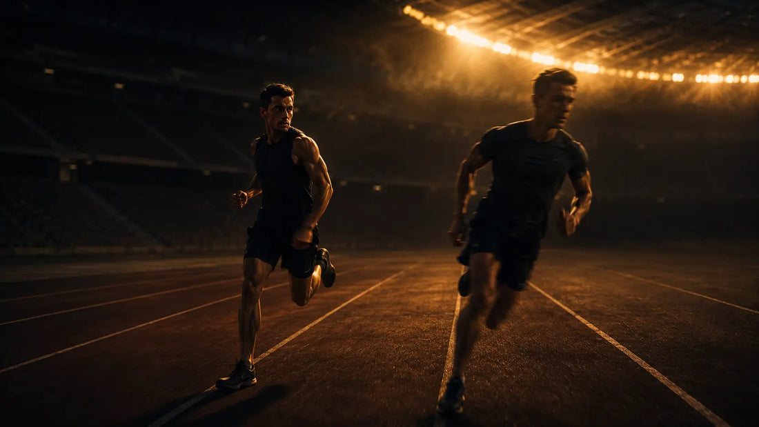 Two runners on parallel tracks, one looking sideways instead of forward, symbolising how comparison steals focus