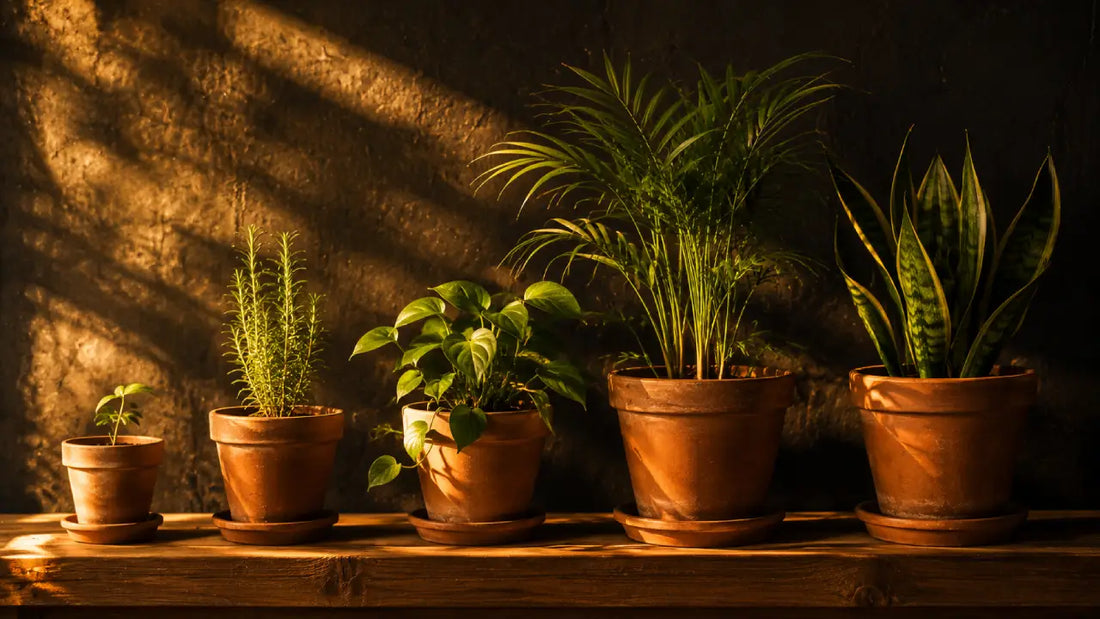 Five different plants in terracotta pots on a sunlit wooden shelf at varying heights, symbolising the five domains of personal development each growing at its own pace