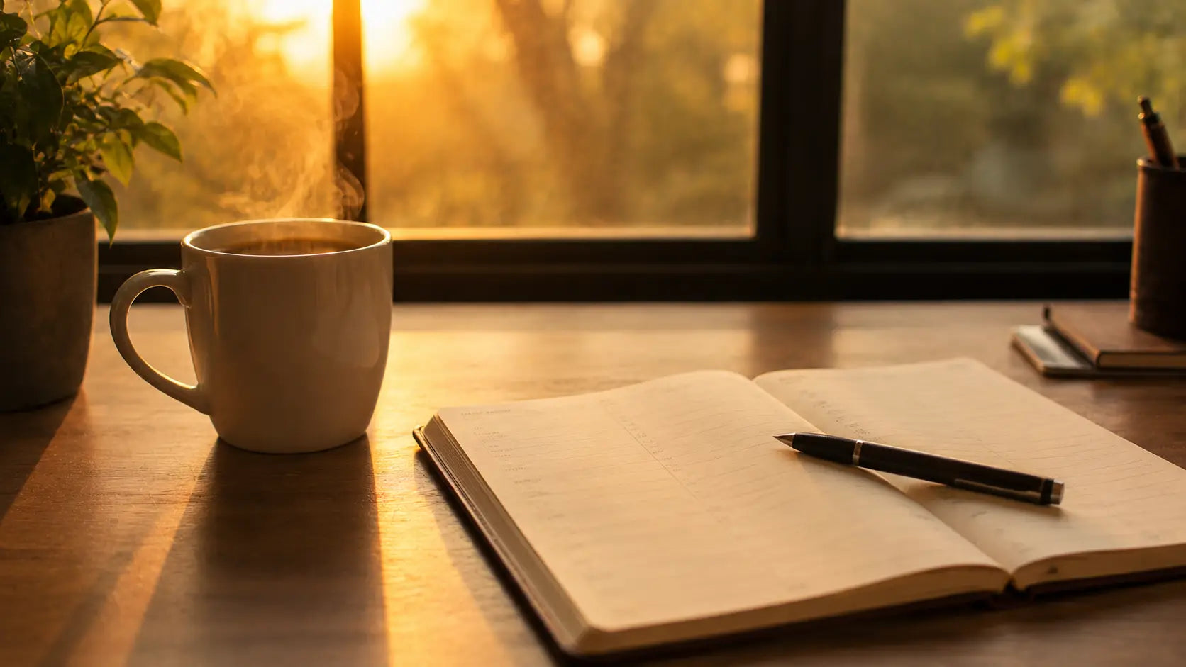 A steaming coffee mug beside an open planner on a clean desk in warm early morning light — the quiet start of a Monday about to be owned