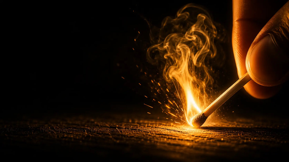 A single match being struck in darkness producing a burst of golden flame, symbolising the act of generating motivation from within rather than waiting for it to arrive