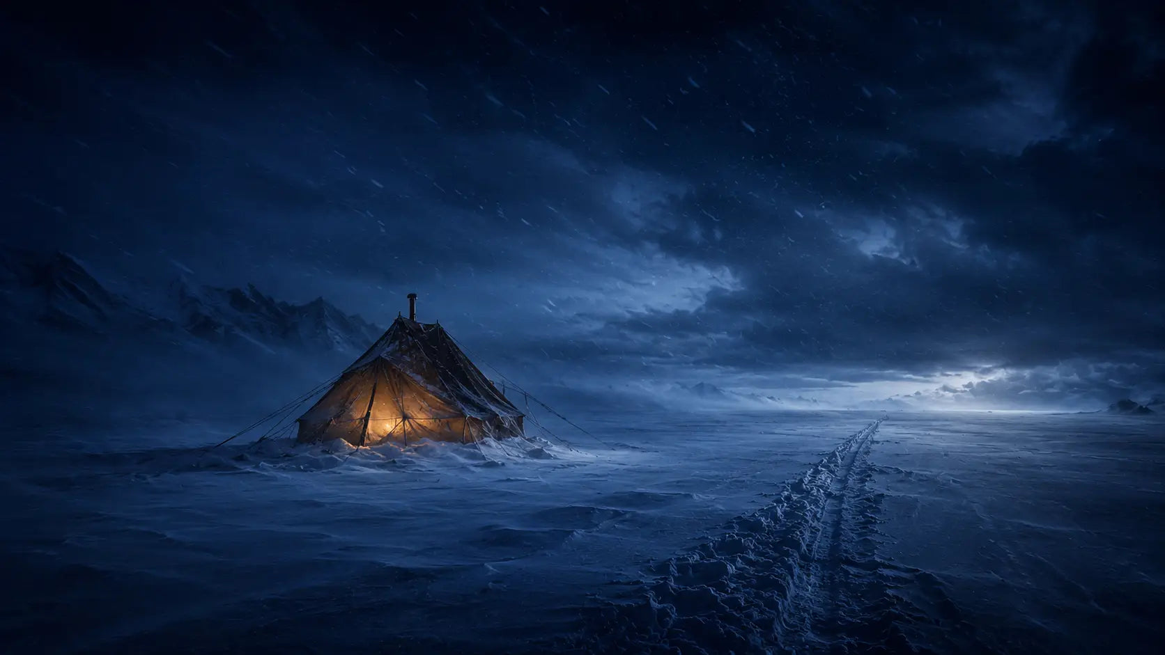 Lone tent in an Antarctic blizzard at twilight, symbolising the fatal difference between discipline and motivation