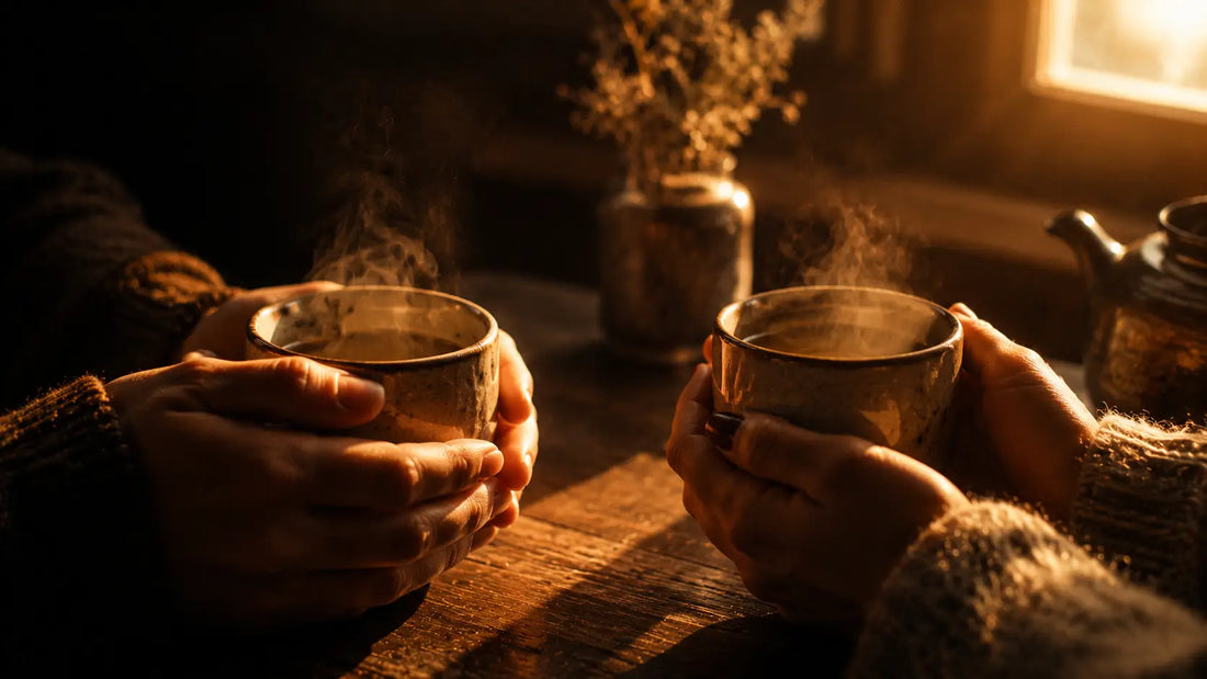 Two warm hands holding a cup of tea together across a table, symbolising human connection and happiness