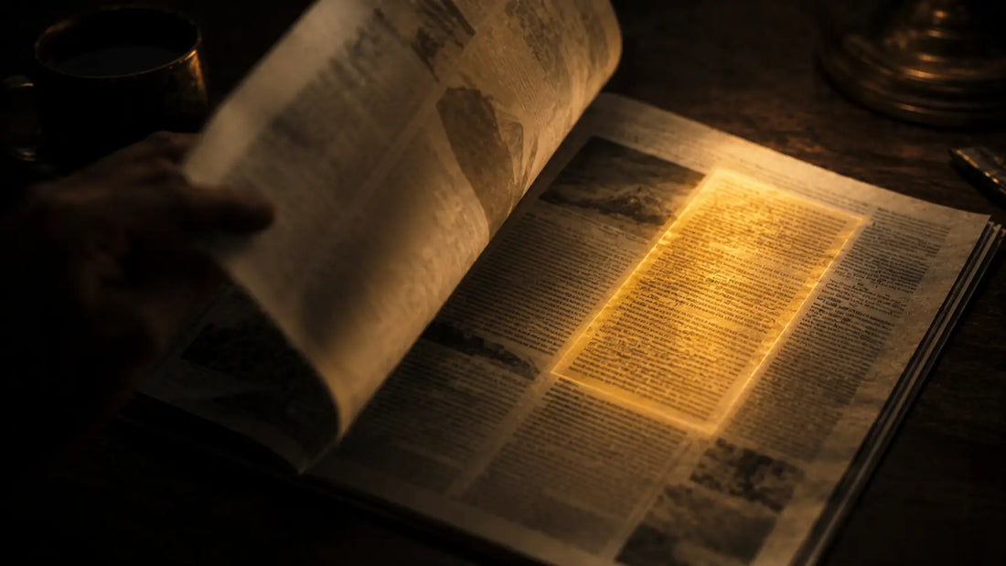 A newspaper with a hidden golden message glowing on the page while a hand flips past it, symbolising how unlucky people miss opportunities