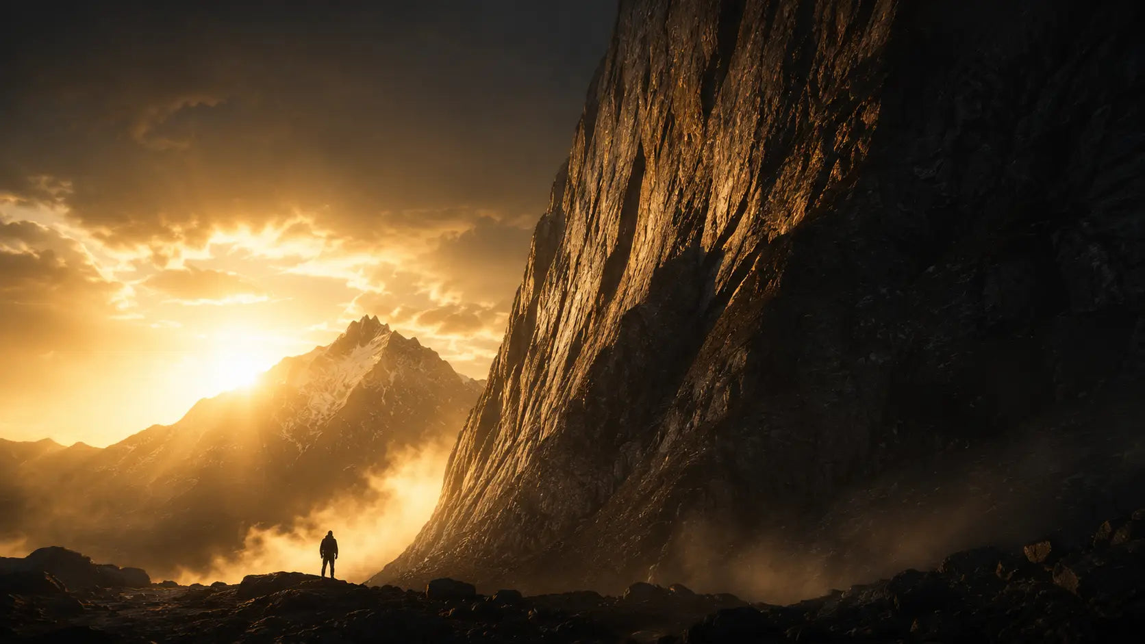  A lone figure standing at the base of a steep mountain at dawn, symbolising the journey of building mental toughness