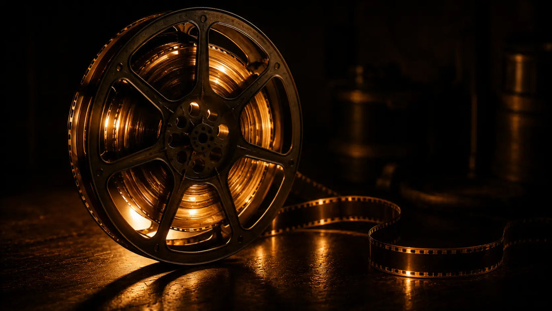 A documentary film reel glowing in warm golden light against a dark background