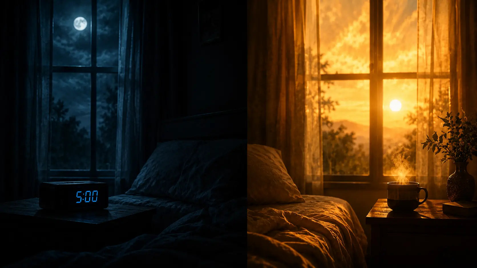 Dark bedroom at night with alarm clock showing early morning time and warm sunrise light beginning to glow through the window