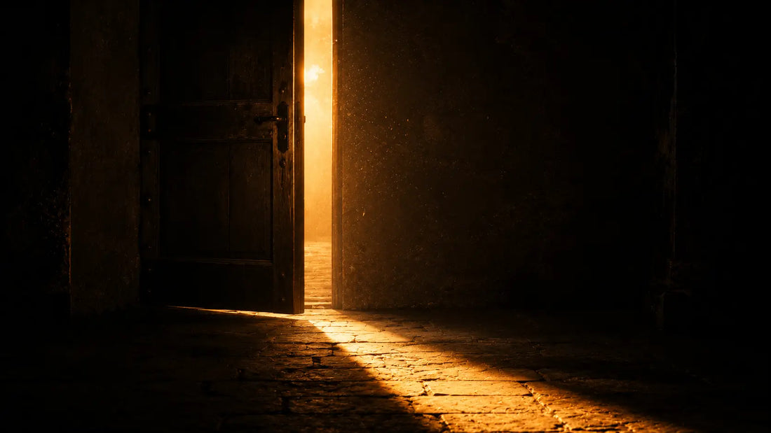 A door slightly ajar with bright golden light flooding through the crack into a dark room, symbolising overcoming fear