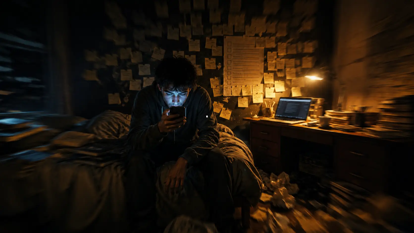 Young man scrolling phone at night while unfinished to-do list and piled up work sit ignored, illustrating procrastination as escape from discomfort