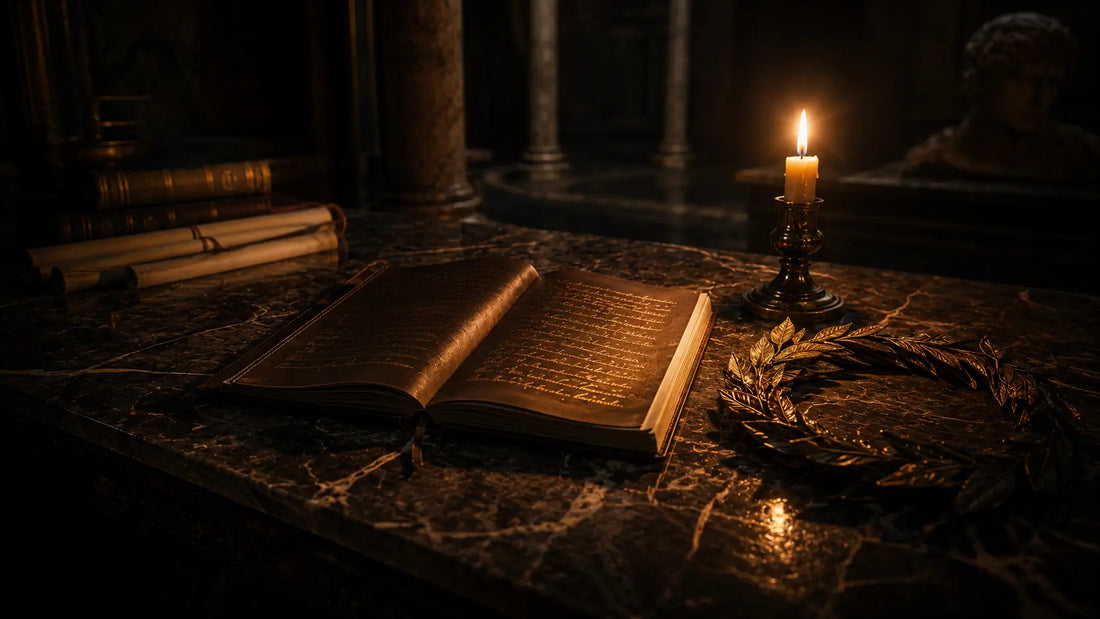 Ancient Roman emperor writing in a private journal by candlelight, symbolising the struggle to stop caring what people think