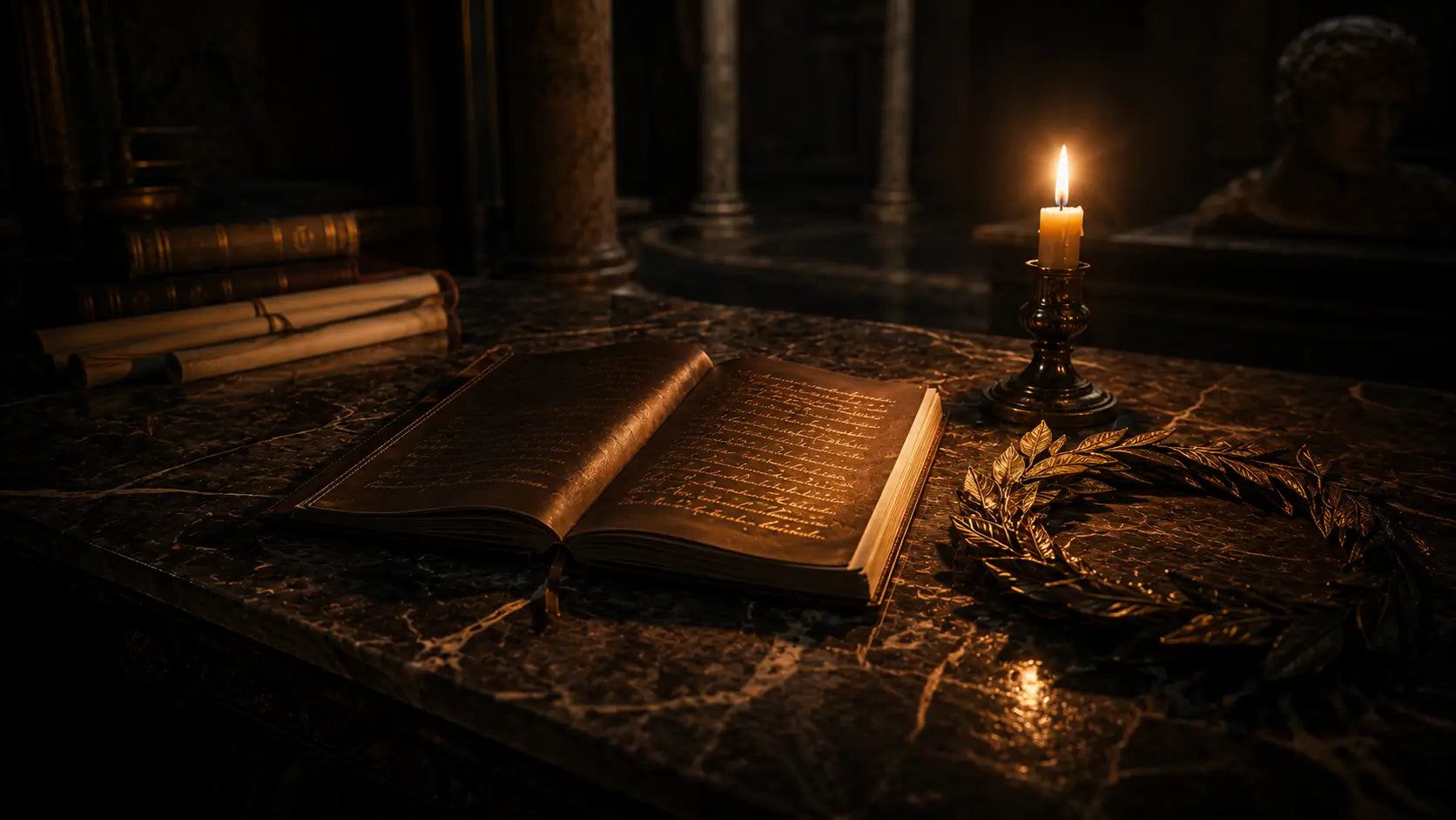 Ancient Roman emperor writing in a private journal by candlelight, symbolising the struggle to stop caring what people think