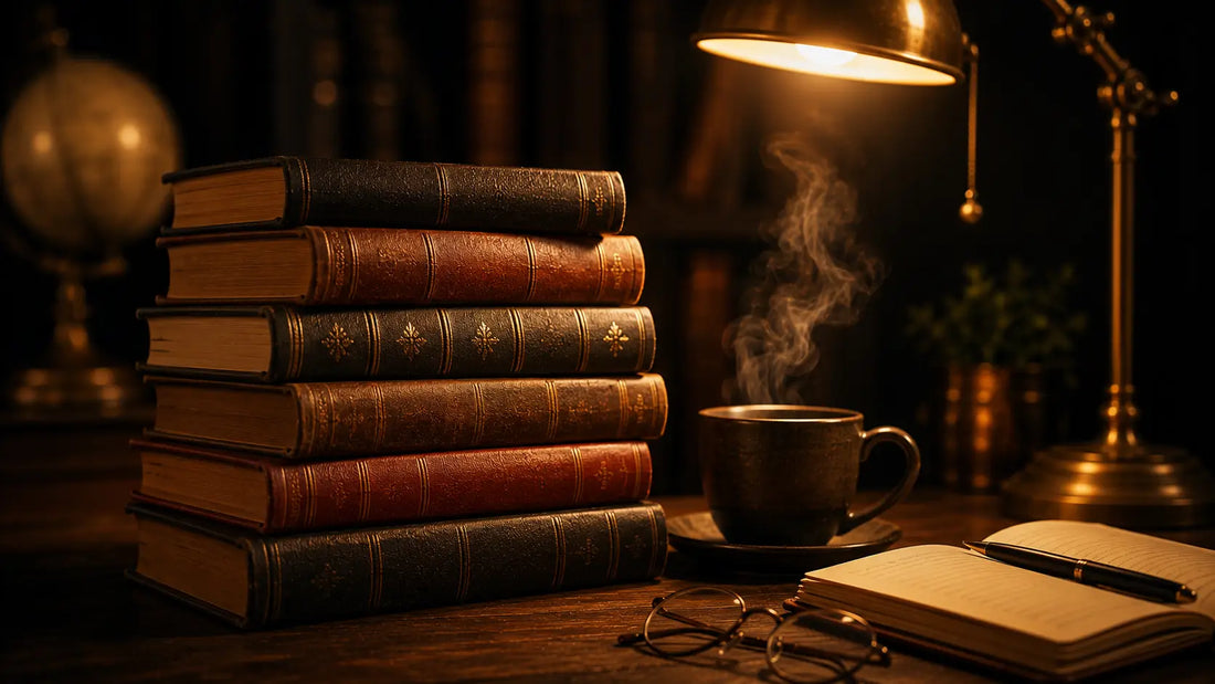 A curated stack of self-improvement books on a warm wooden desk lit by a golden reading lamp