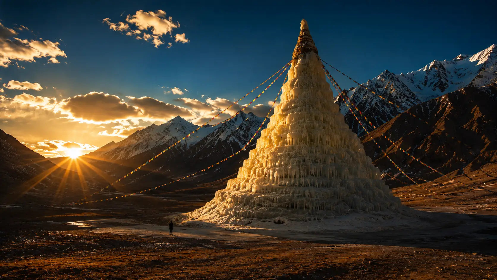 Giant ice stupa artificial glacier glowing at sunset in the Ladakh desert, created by Sonam Wangchuk