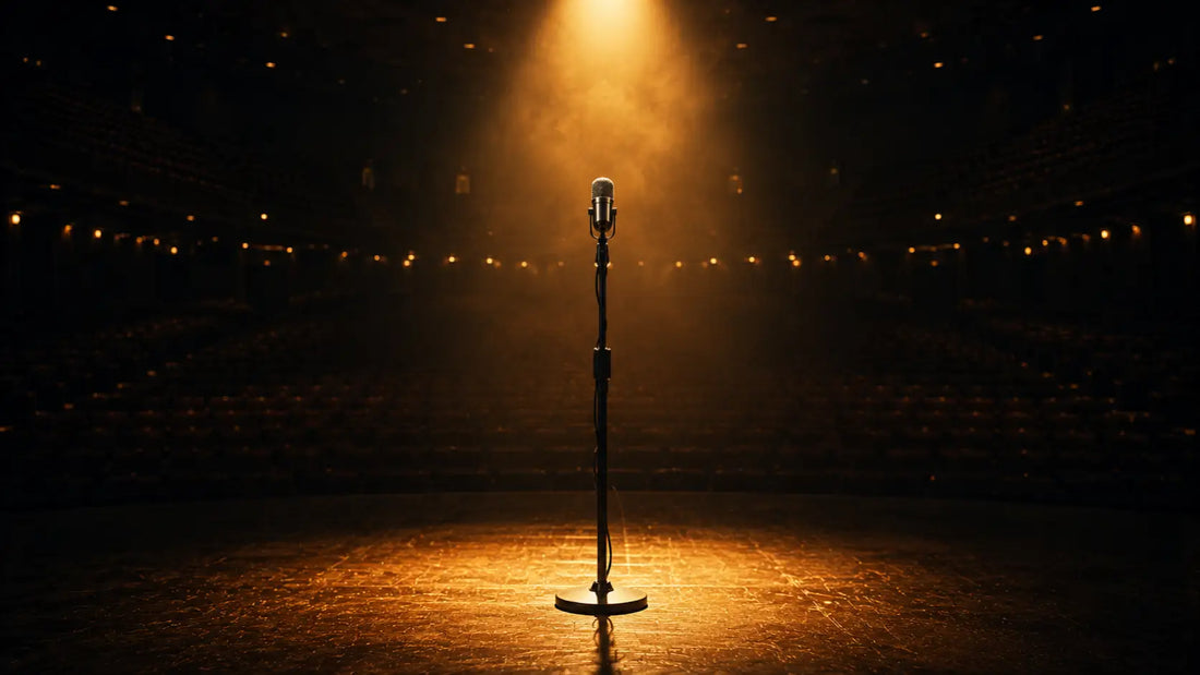 A lone microphone on a spotlight-lit stage, symbolising the power of motivational speeches that change lives