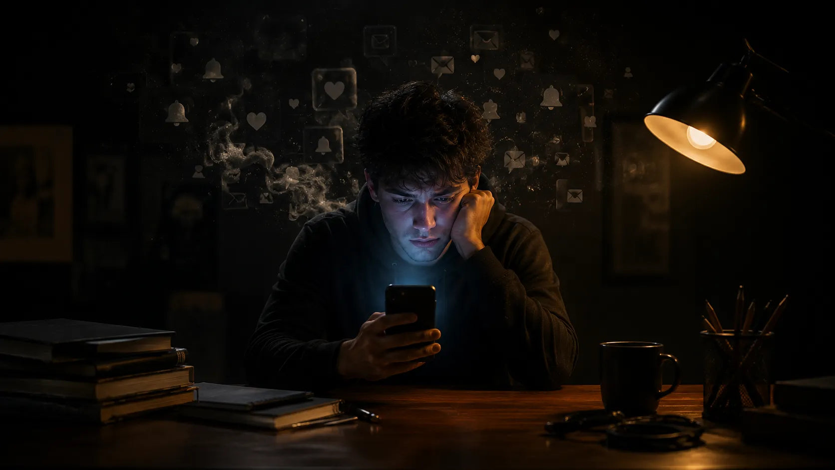 Man distracted by smartphone glow at night, symbolising why you can't focus in the attention economy.