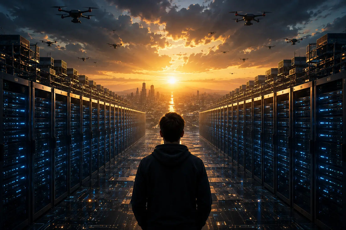 Person standing in a massive AI data center at sunrise, representing the global AI infrastructure race.