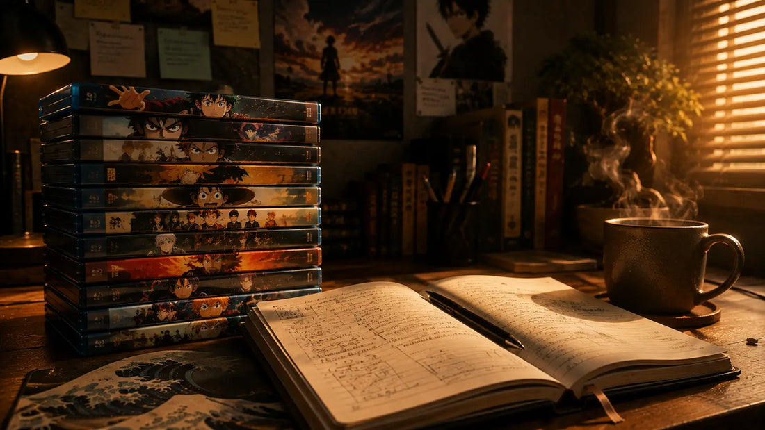 Stack of anime Blu-ray cases beside a notebook and coffee representing the best anime for life lessons self improvement and personal growth