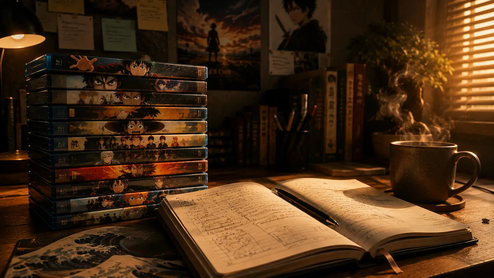 Stack of anime Blu-ray cases beside a notebook and coffee representing the best anime for life lessons self improvement and personal growth