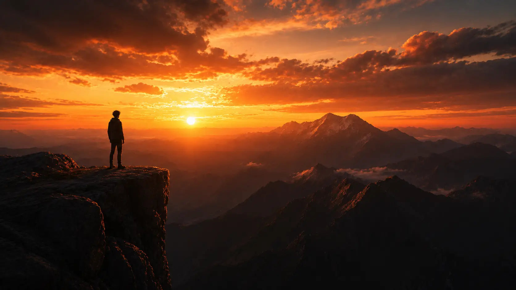 An anime-style sunset over a mountain landscape with a lone figure on a cliff edge, representing life lessons hidden inside anime
