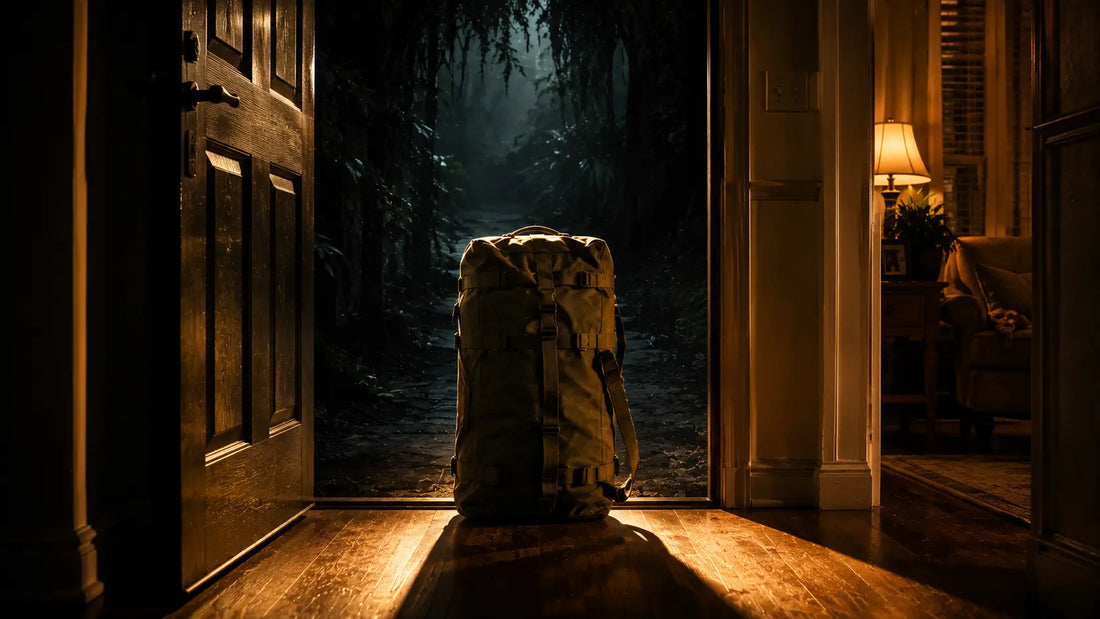 Military duffel bag between a dark jungle and a warm home doorway, symbolising how environment change breaks habits