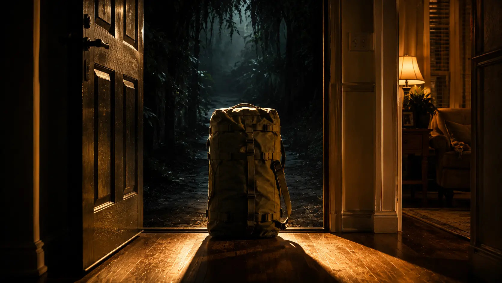 Military duffel bag between a dark jungle and a warm home doorway, symbolising how environment change breaks habits