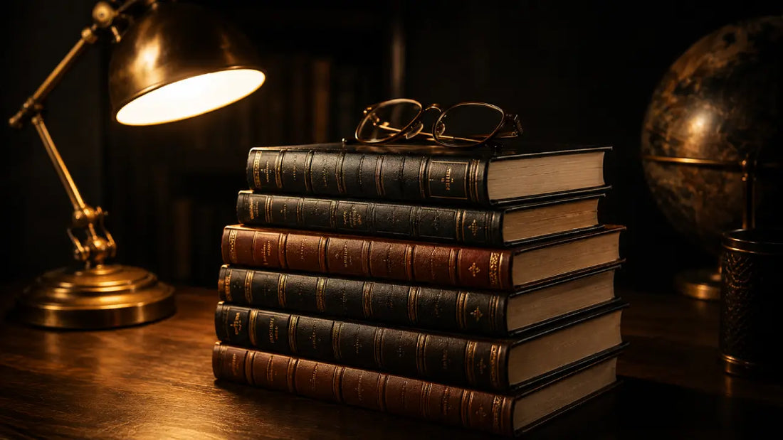 A stack of hardcover biographies on a warm wooden desk lit by golden amber light, representing thrilling true stories of resilience and ambition