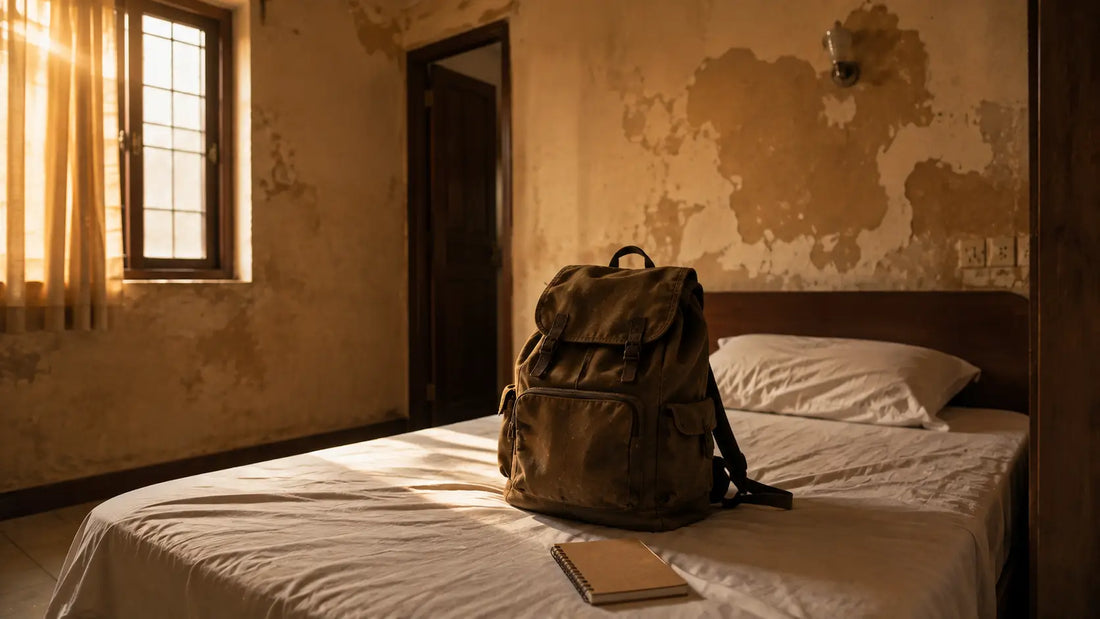 A single worn backpack sitting on a simple bed in a sparse budget hotel room with peeling paint and a small window, warm light entering