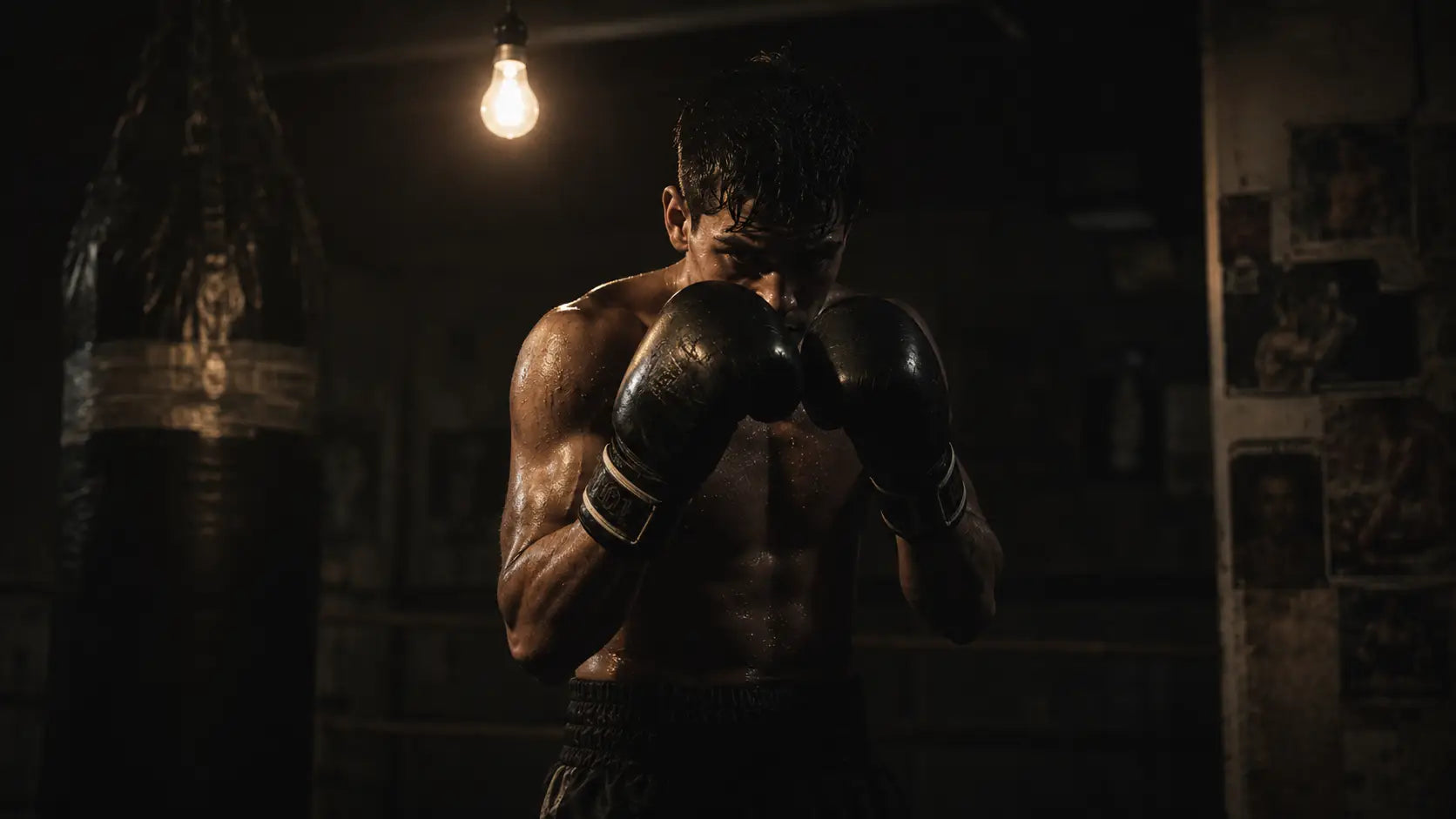 A lone boxer in a dimly lit gym stands under a single overhead light, gloved fists raised — the raw focused hunger of someone who trains when no one is watching.