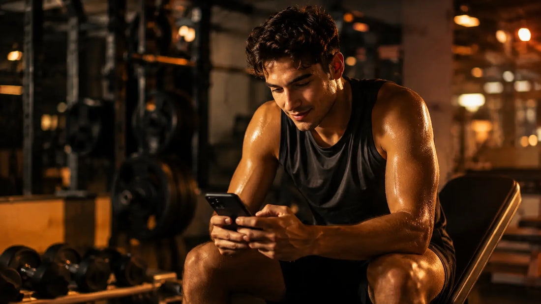 Person in athletic wear sits on a gym bench post-workout, looking at phone with a slight smile — the familiar moment of searching for the perfect caption.