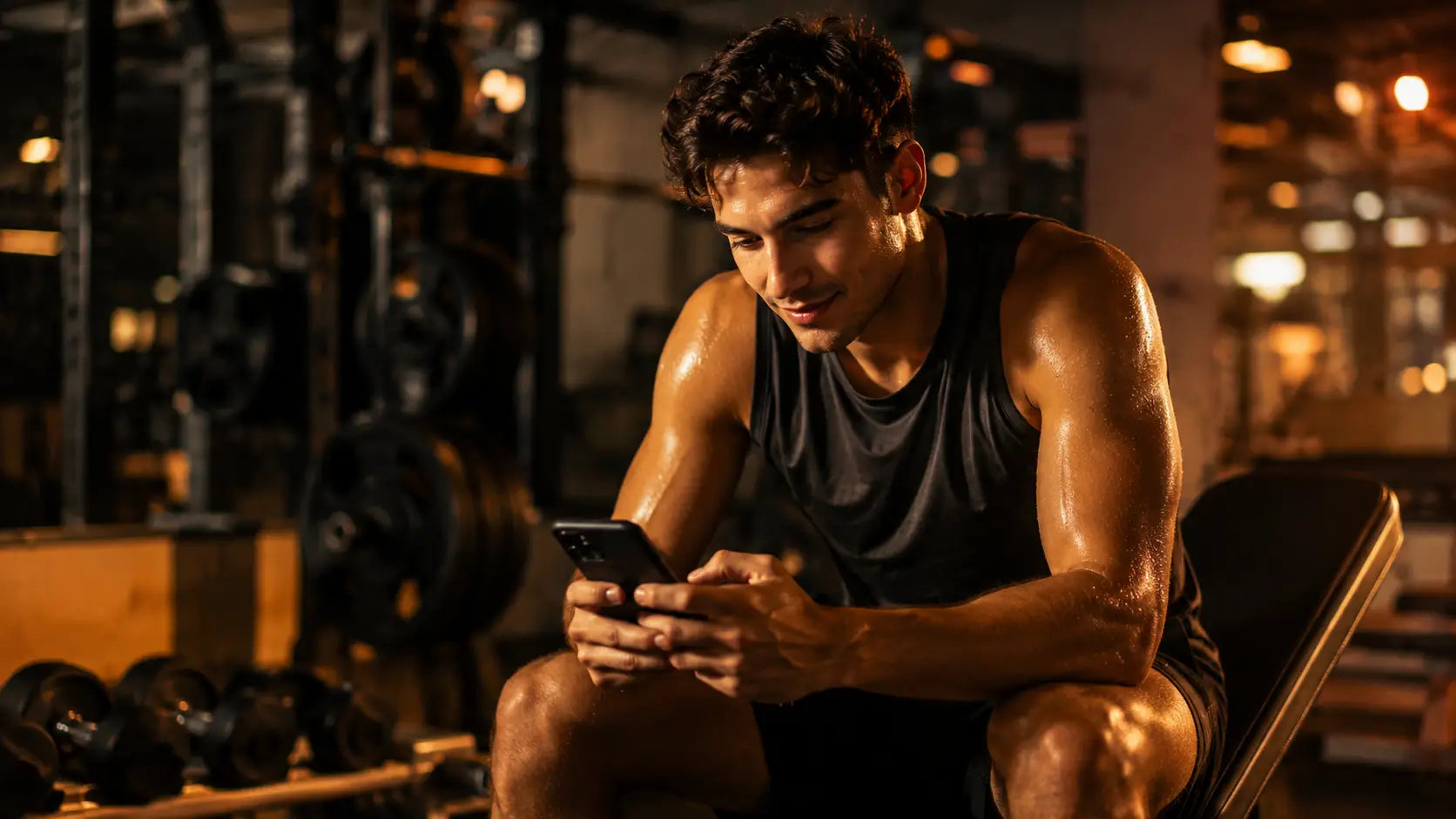 Person in athletic wear sits on a gym bench post-workout, looking at phone with a slight smile — the familiar moment of searching for the perfect caption.