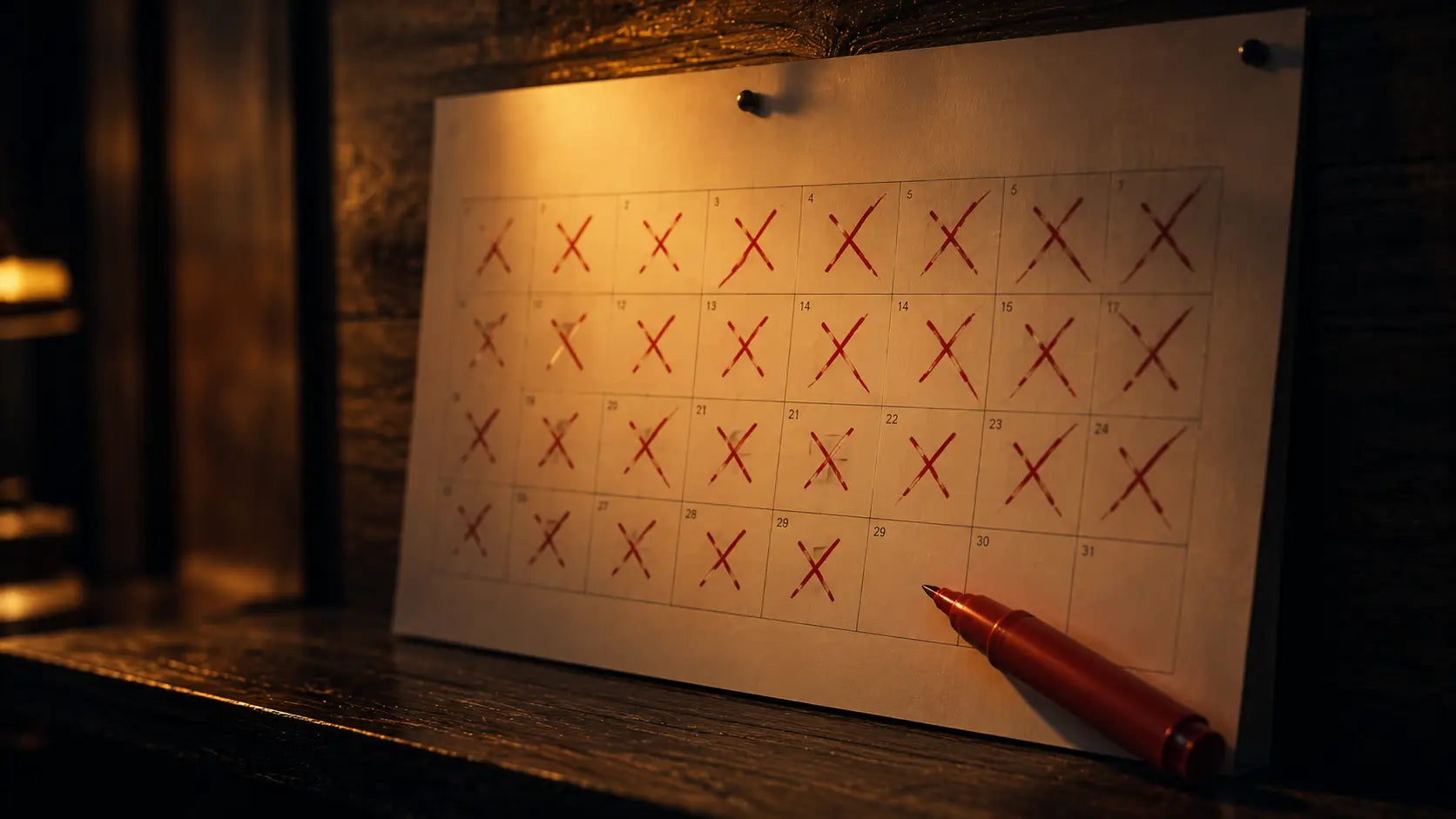 Wall calendar with a chain of red X marks and a red marker, illustrating the don't break the chain consistency method
