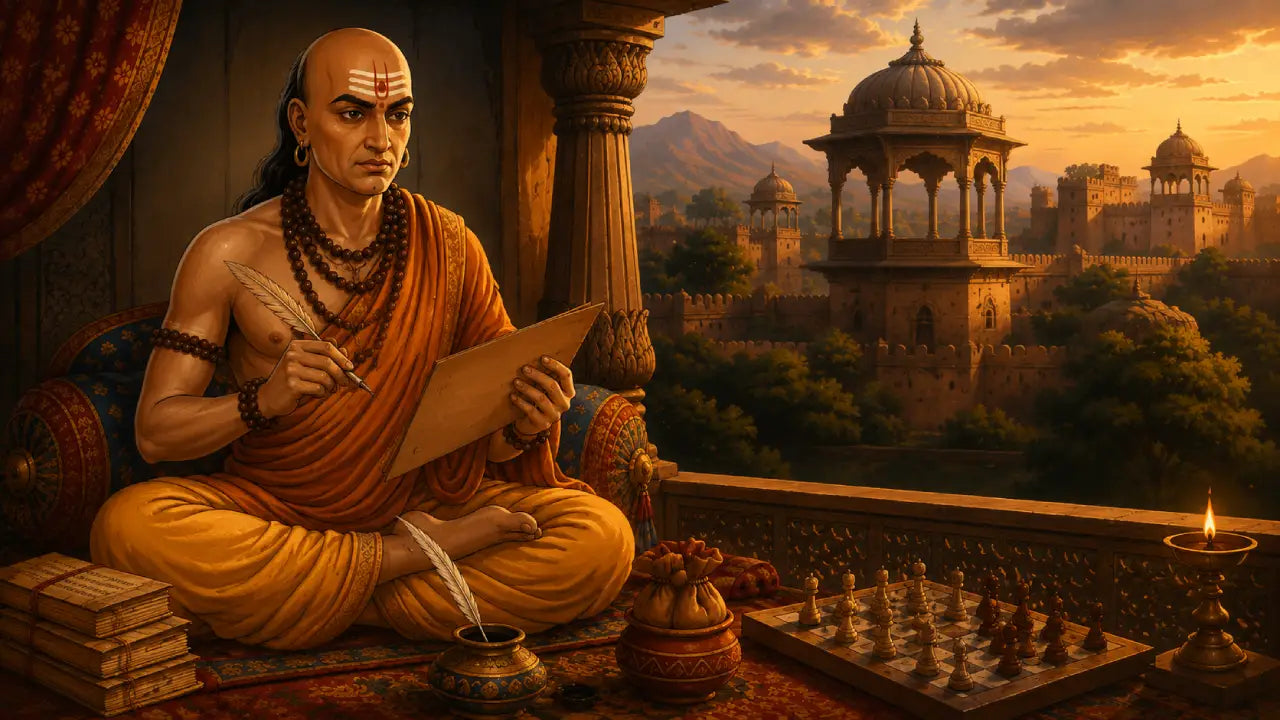 Chanakya seated in saffron robes on an ornate palace balcony, writing on a manuscript with a quill, surrounded by ancient books, a chessboard, and a brass lamp, with a grand Indian fortress city and mountains glowing in the warm golden sunset behind him.