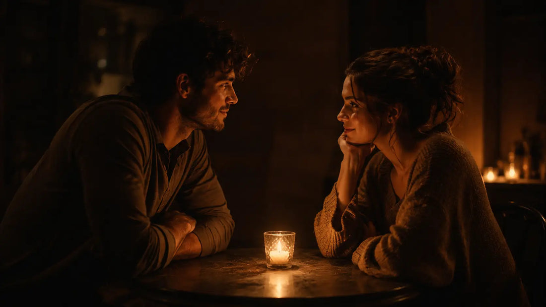 Two people in genuine engaged conversation at a small table with warm candlelight between them, symbolising the attentive presence that makes communication meaningful