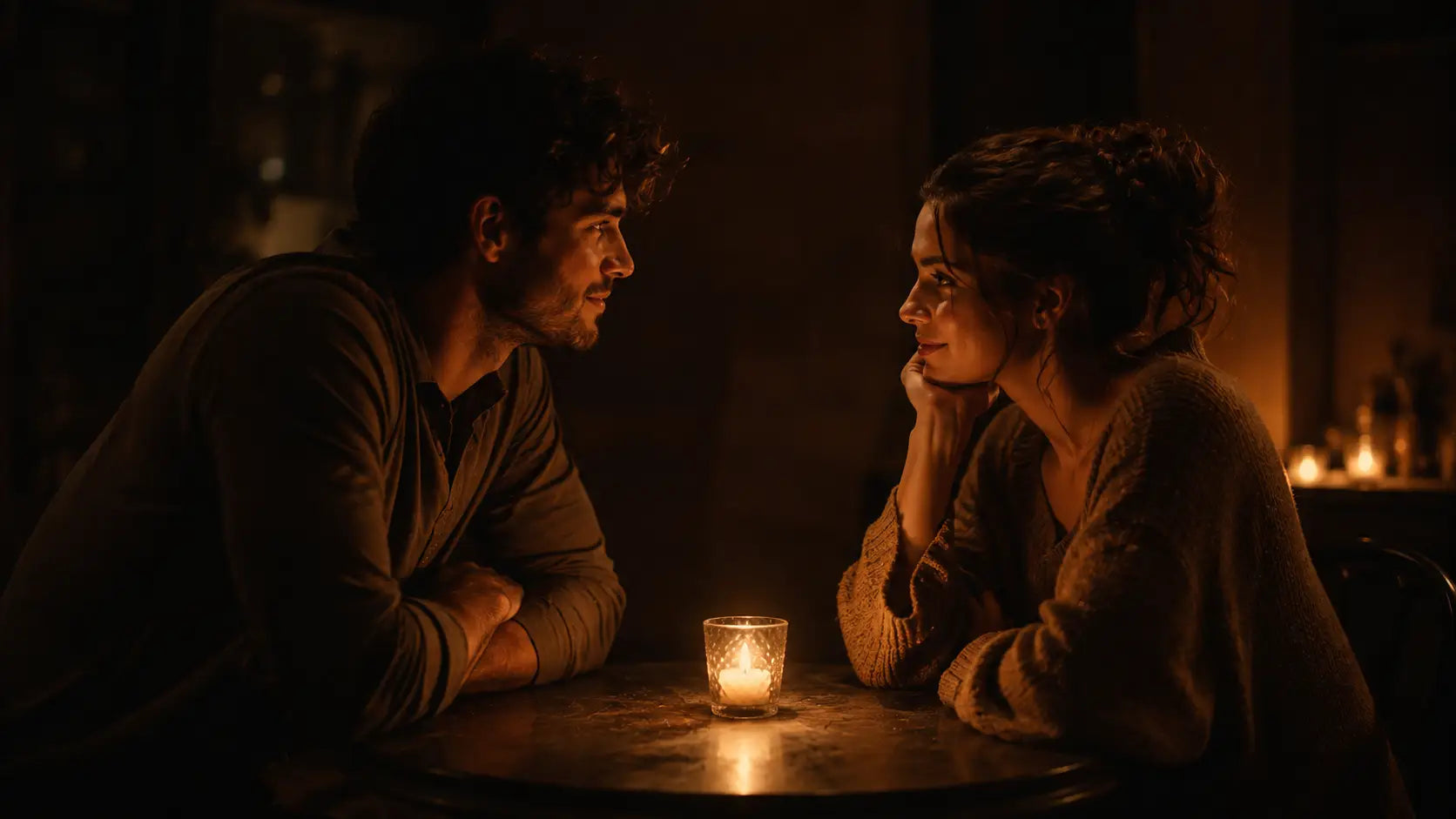 Two people in genuine engaged conversation at a small table with warm candlelight between them, symbolising the attentive presence that makes communication meaningful