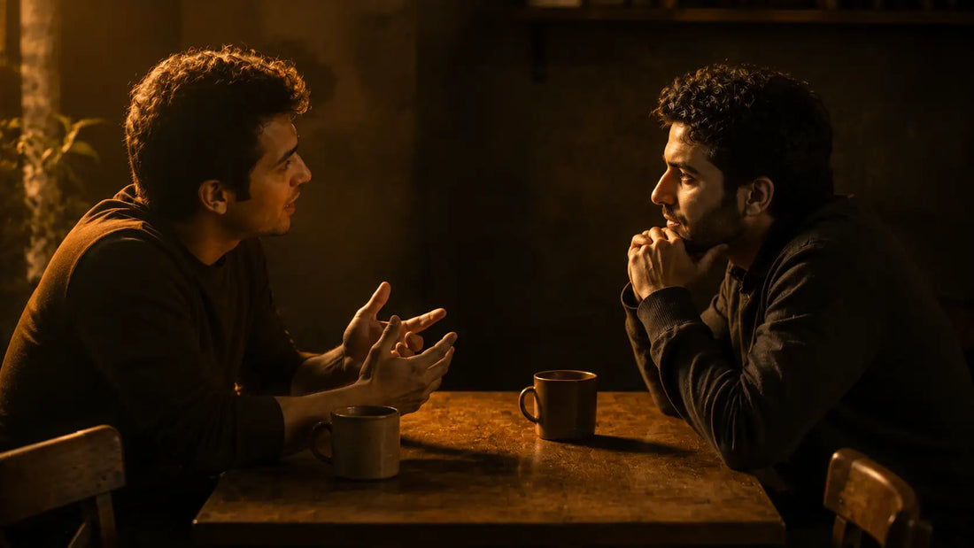 Two people in genuine attentive conversation at a warm table, one leaning forward listening closely, representing the empathic presence at the core of emotional intelligence