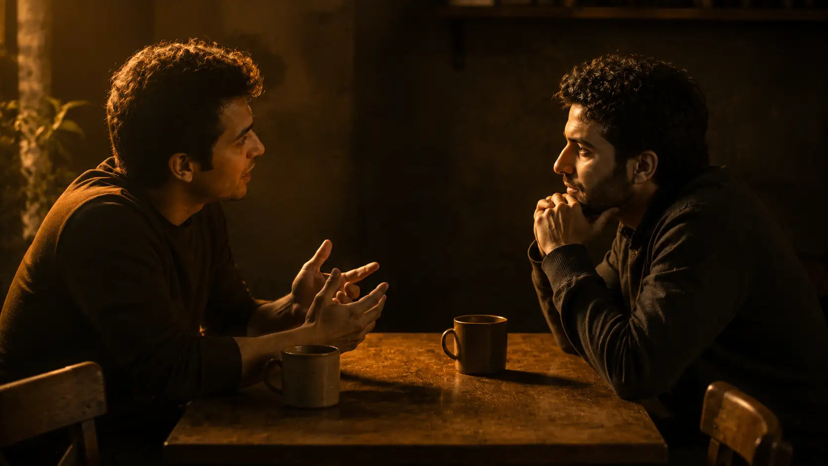 Two people in genuine attentive conversation at a warm table, one leaning forward listening closely, representing the empathic presence at the core of emotional intelligence