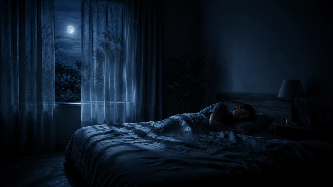 A calm dark bedroom at night with soft blue moonlight through sheer curtains and a peaceful sleeping figure, symbolising the active neural restoration that happens during quality sleep