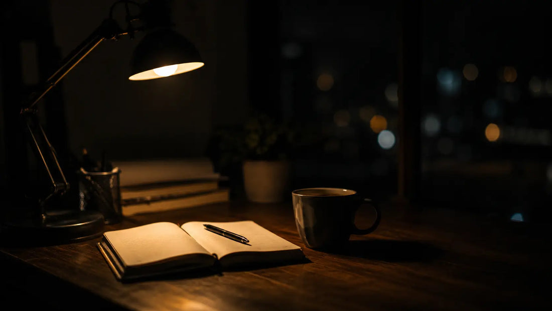 A warm desk lamp glows over an open notebook and cold coffee in a dark room at night — the quiet scene of someone still working when the world has stopped.
