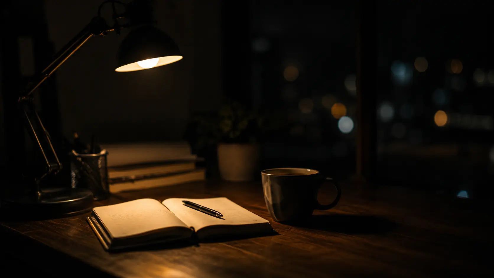 A warm desk lamp glows over an open notebook and cold coffee in a dark room at night — the quiet scene of someone still working when the world has stopped.
