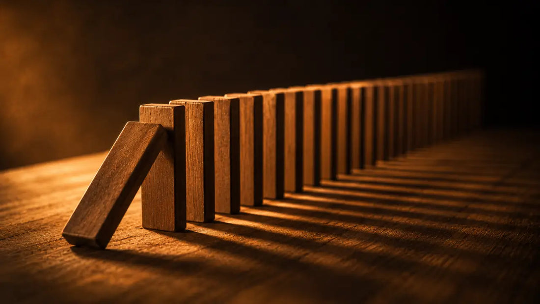 A long line of identical wooden dominoes with the first one beginning to fall, symbolising how habits chain together and compound over time