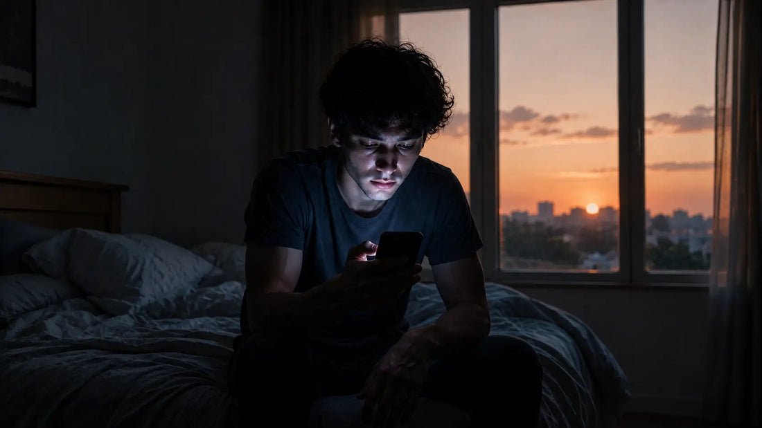 A hand reaching for a glowing smartphone on a dark bedside table in early morning pre-dawn blue light, symbolising the unconscious automatic phone-reach that happens before full waking consciousness
