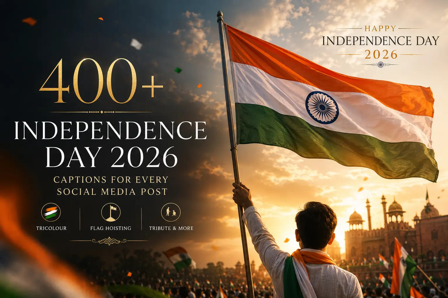 Independence Day 2026 feature image with Indian tricolour flag, patriotic celebration, and 400+ Independence Day captions for social media posts, including tricolour, flag hoisting, and tribute captions.