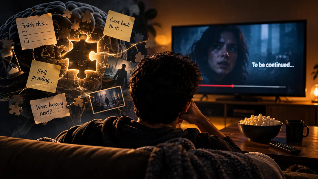 Cinematic illustration of the Zeigarnik Effect, showing an unfinished puzzle and glowing brain beside a viewer watching a paused TV cliffhanger, symbolizing why unfinished tasks stay in memory and how Netflix uses open loops to keep viewers engaged.