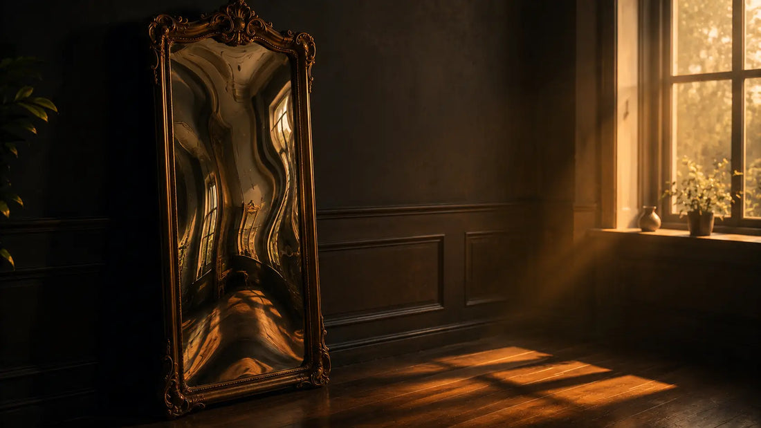 A funhouse mirror distorting the reflection of a clean white room, symbolising how cognitive biases distort our perception of reality without our awareness