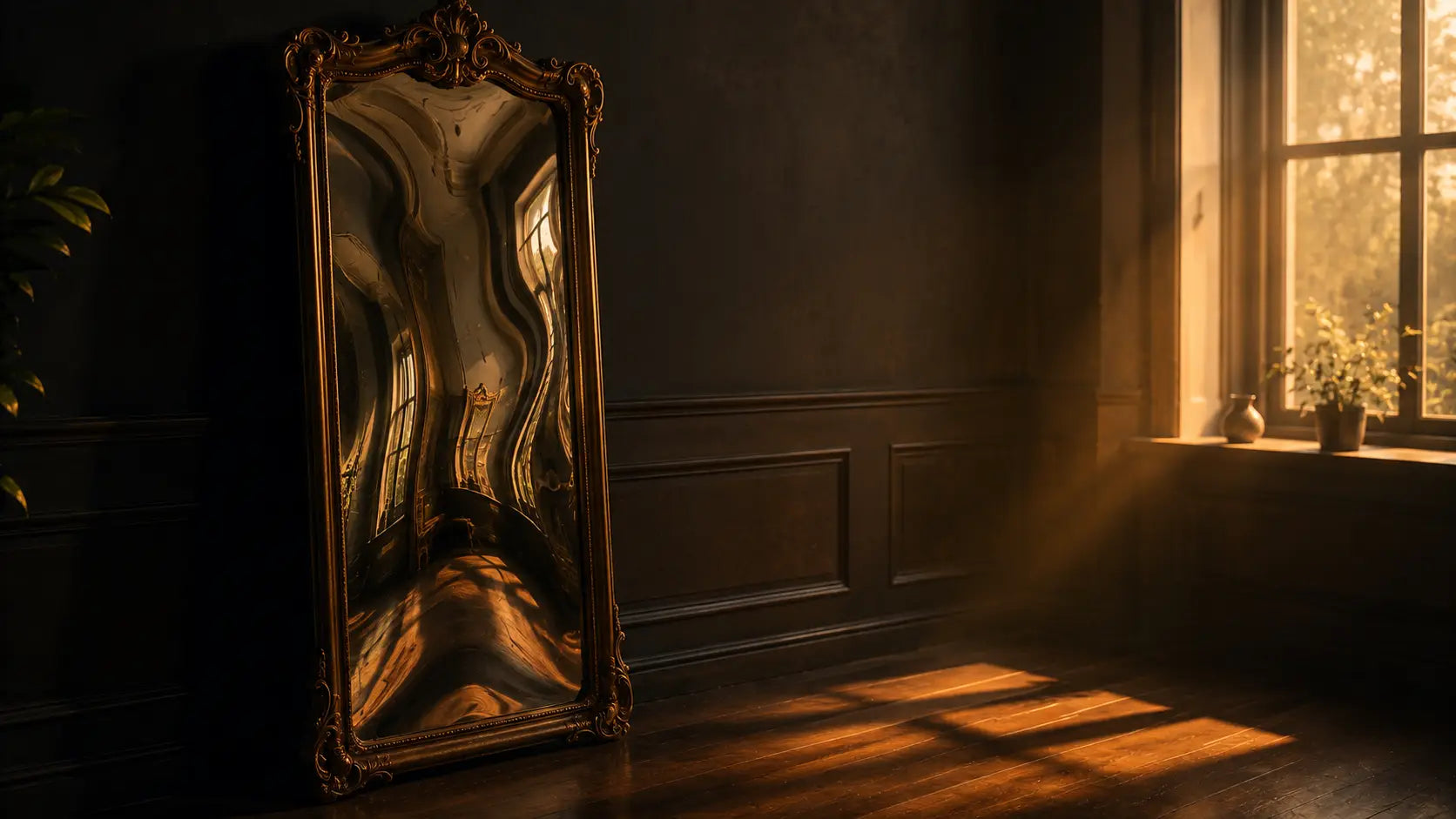 A funhouse mirror distorting the reflection of a clean white room, symbolising how cognitive biases distort our perception of reality without our awareness