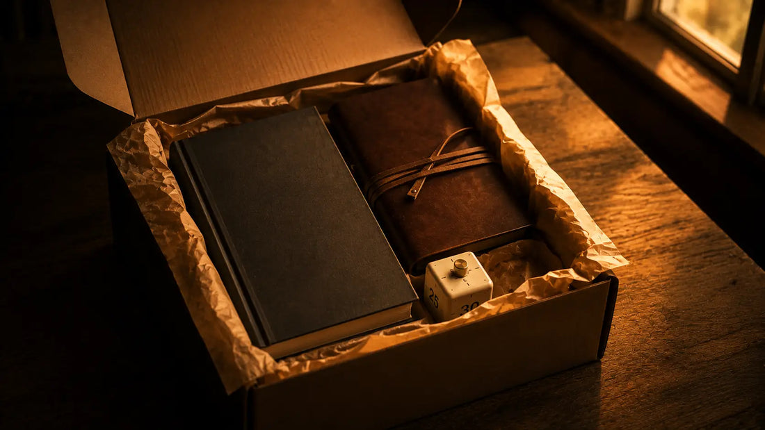 A gift box open on a warm wooden table containing a book, a journal, and a cube timer, surrounded by warm golden light