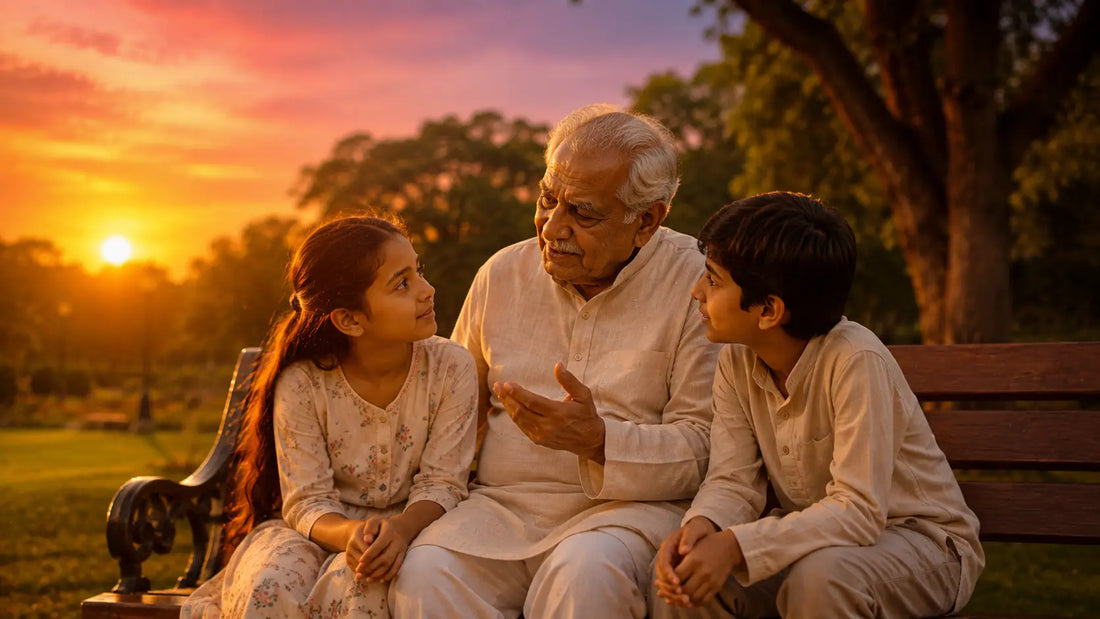 Elderly grandfather in cream kurta shares Bhagwat Geeta wisdom with his grandchildren on a park bench during golden hour sunset, warm amber light illuminating their intimate generational moment.